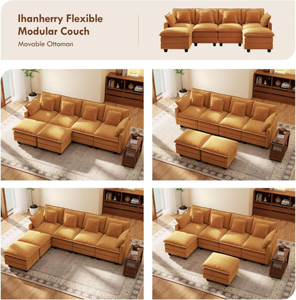 Ihanherry 106" L Shaped Modular Sectional Cloud Sofa, Modern 6 Seat Chenille Couch with Ottoman for Living Room, Bedroom and Apartment, Orange