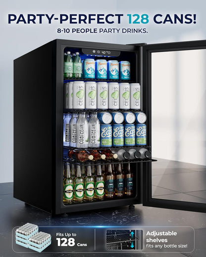 EUHOMY Beverage Refrigerator and Cooler, 128 Can Mini fridge with Glass Door, Small Refrigerator with Adjustable Shelves for Soda Beer or Wine, Home/Bar/Office, Black