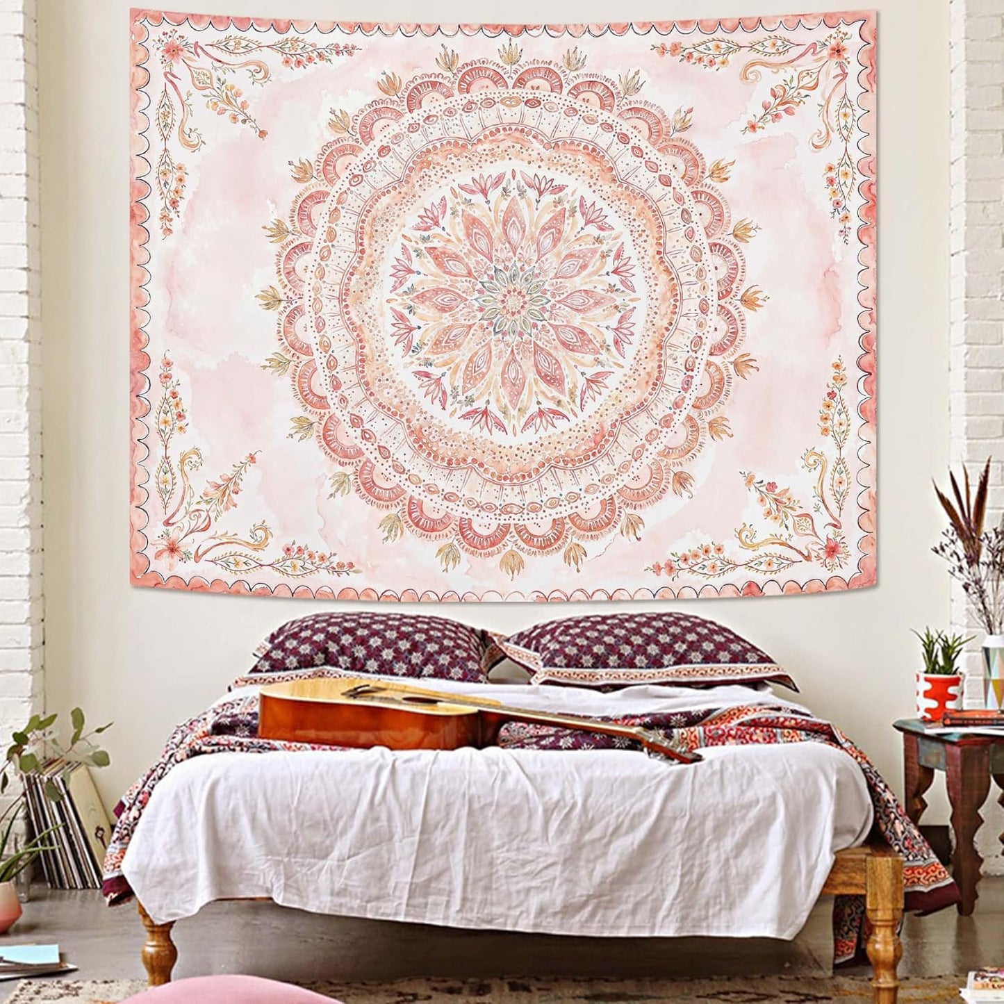 Fowocu Boho Floral Mandala Tapestry Wall Hanging Pink Bohemian Flower Medallion Tapestry Aesthetic Watercolor Hippie Indian Small Tapestries for Bedroom Living Room Dorm Decor 40 x 30 Inch
