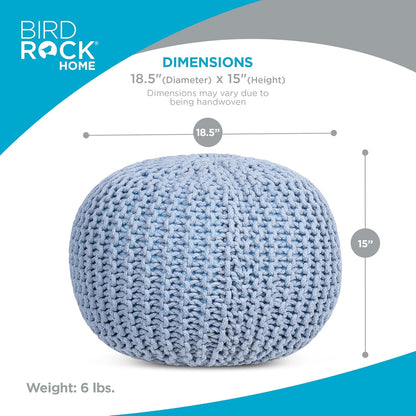 BIRDROCK HOME Round Pouf Ottoman | Cotton Braided Foot Stool with Bean Bag Filling | Boho Foot Rest for Living Room & Bedroom | Compact & Comfortable Seating, Lightweight & Soft | Soft Blue