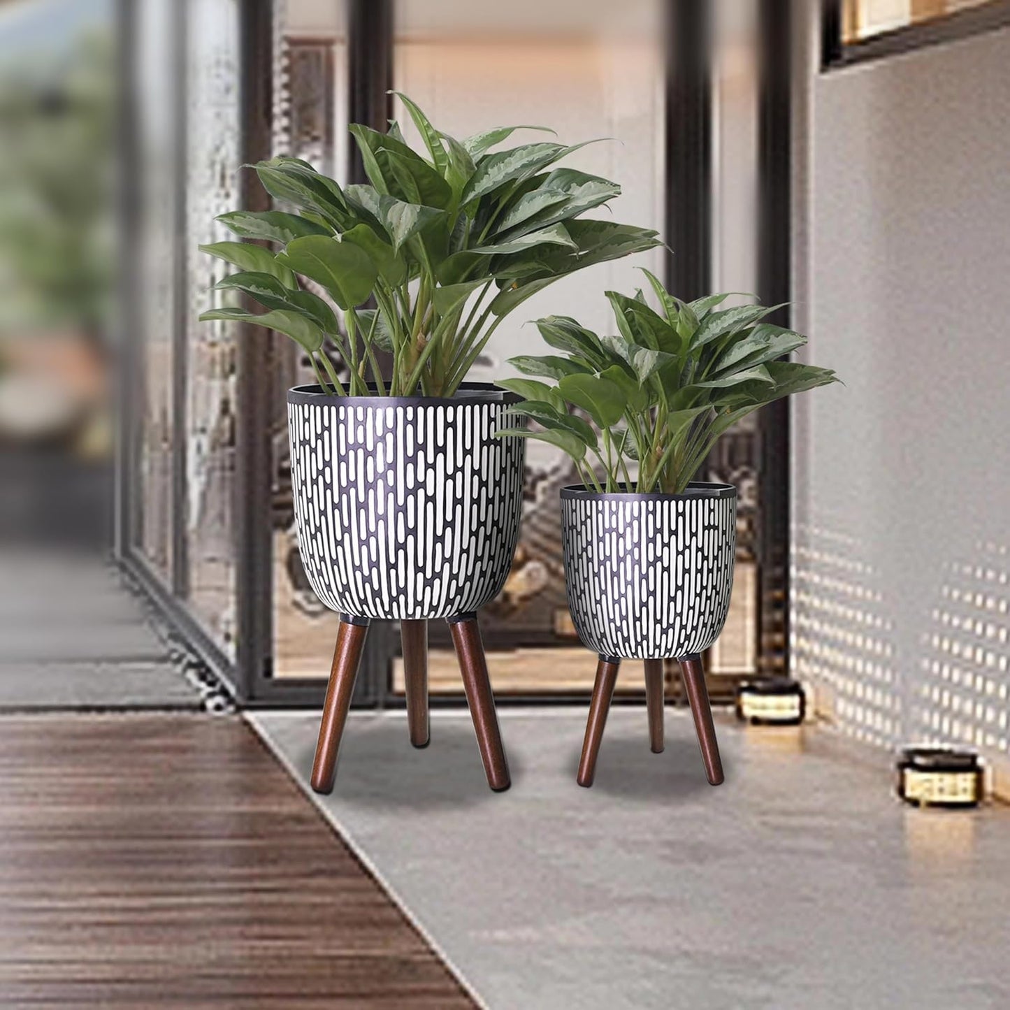 2 Set Plant Pot with Stand 10 & 12 inches, Mid-Century Large Planter with Legs for Indoor Plants, Boho Print Standing Plant Pot with Drainage Plug for Monstera, Herb, Succulent Flower Pot