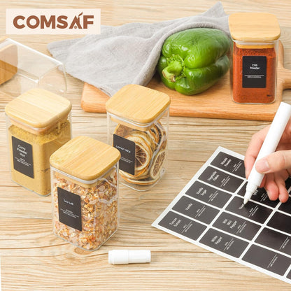 ComSaf 6Pcs 8oz Spice Jars with Label Trial Set, Glass Spice Jars with Bamboo Lids Supplementary Set, Seasoning Container Trial Pack, Perfect for Ktichen Starter