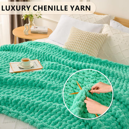 L'AGRATY Chunky Knit Blanket Throw: 50''x60'' Chenille Chunky Knitted Throw Blanket for Bed Couch - Handmade Thick Big Cable Knit Blanket - Large Crochet Rope Blanket for Home Decor(Aqua)