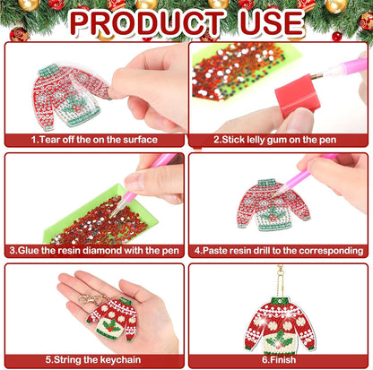 Tondiamo 20 Pcs Christmas Diamond Painting Keychain Kits 5D DIY Diamond Art Pendants Double Sided Hanging Key Chains for Christmas Party Decoration DIY(Sweater Style)