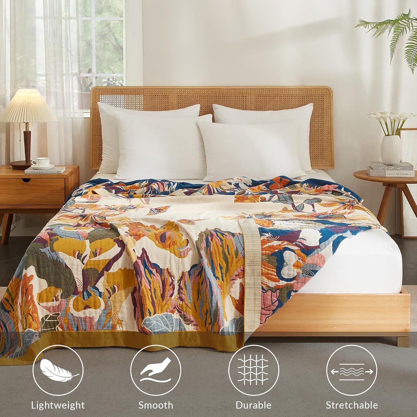 Boho Throw Blanket for Couch Sofa Bed, 100% Cotton Woven Quilt with Tassel 80”x90”, Super Soft Muslin Blanket with Floral Printed, Decorative Reversible Bed Blanket/Cover for All Seasons