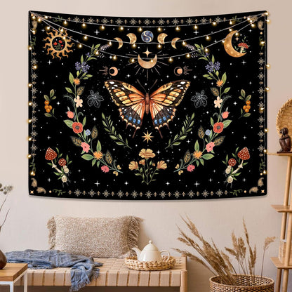 Lunerfex Boho Butterfly Tapestry Flower Moon Wall Tapestry, Moon Phases Tapestries for Bedroom Cute Tapestries Wall Hanging for Bedroom Living Room Decor Butterfly-1 70"x90"