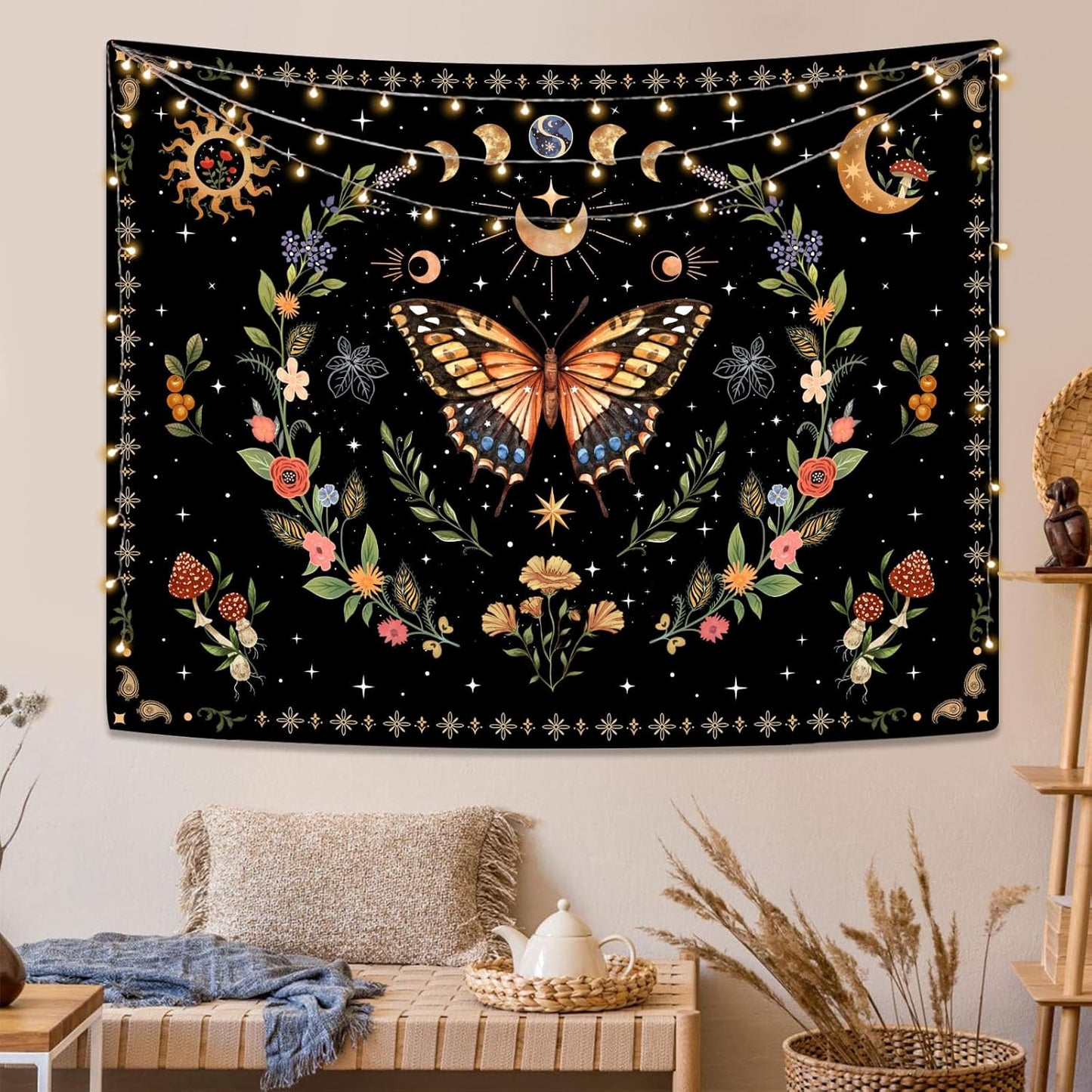 Lunerfex Boho Butterfly Tapestry Flower Moon Wall Tapestry, Moon Phases Tapestries for Bedroom Cute Tapestries Wall Hanging for Bedroom Living Room Decor Butterfly-1 60"x80"