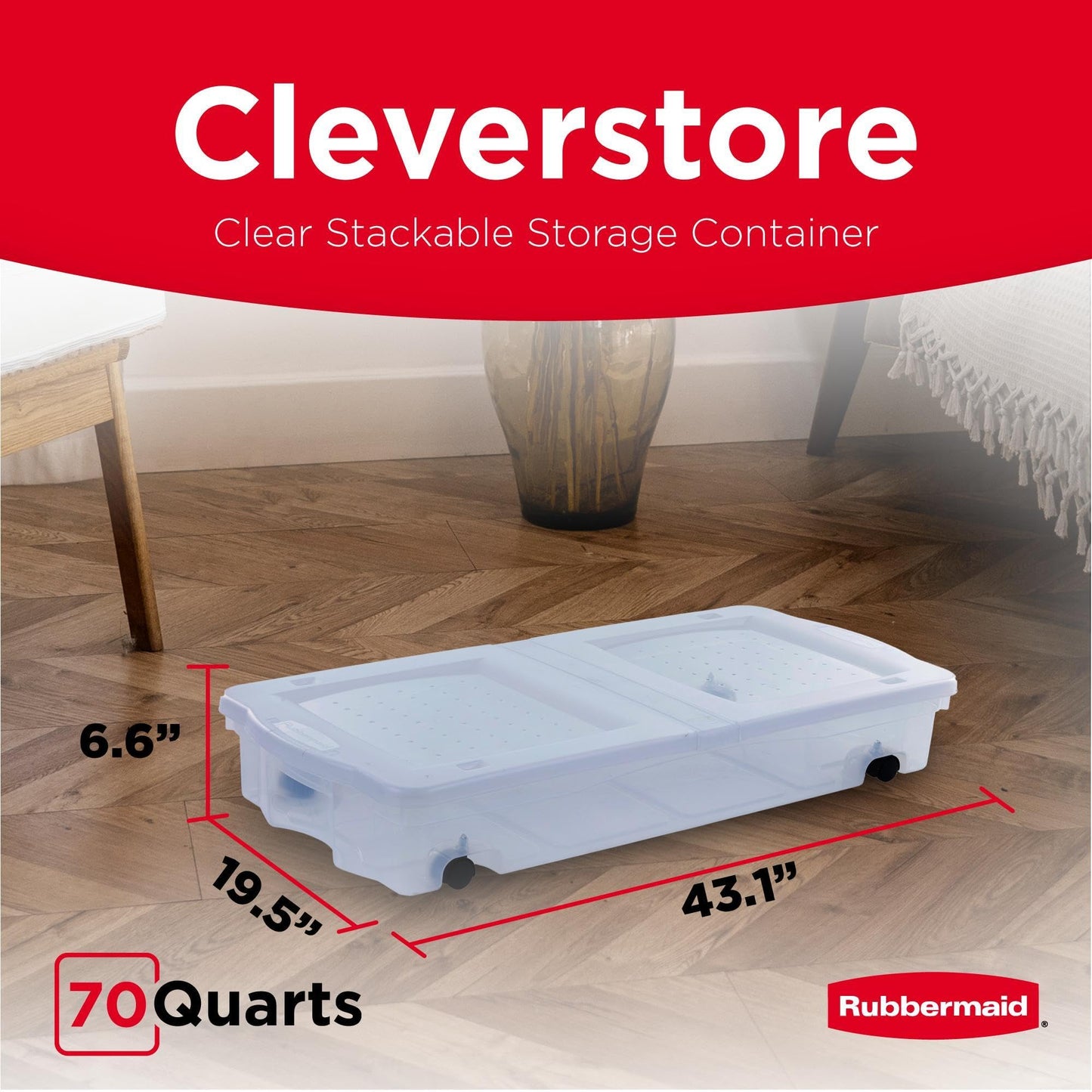 Rubbermaid 68 Quart Under the Bed Low Profile Storage Boxes with Dual Hinged Lids and Easy Rolling