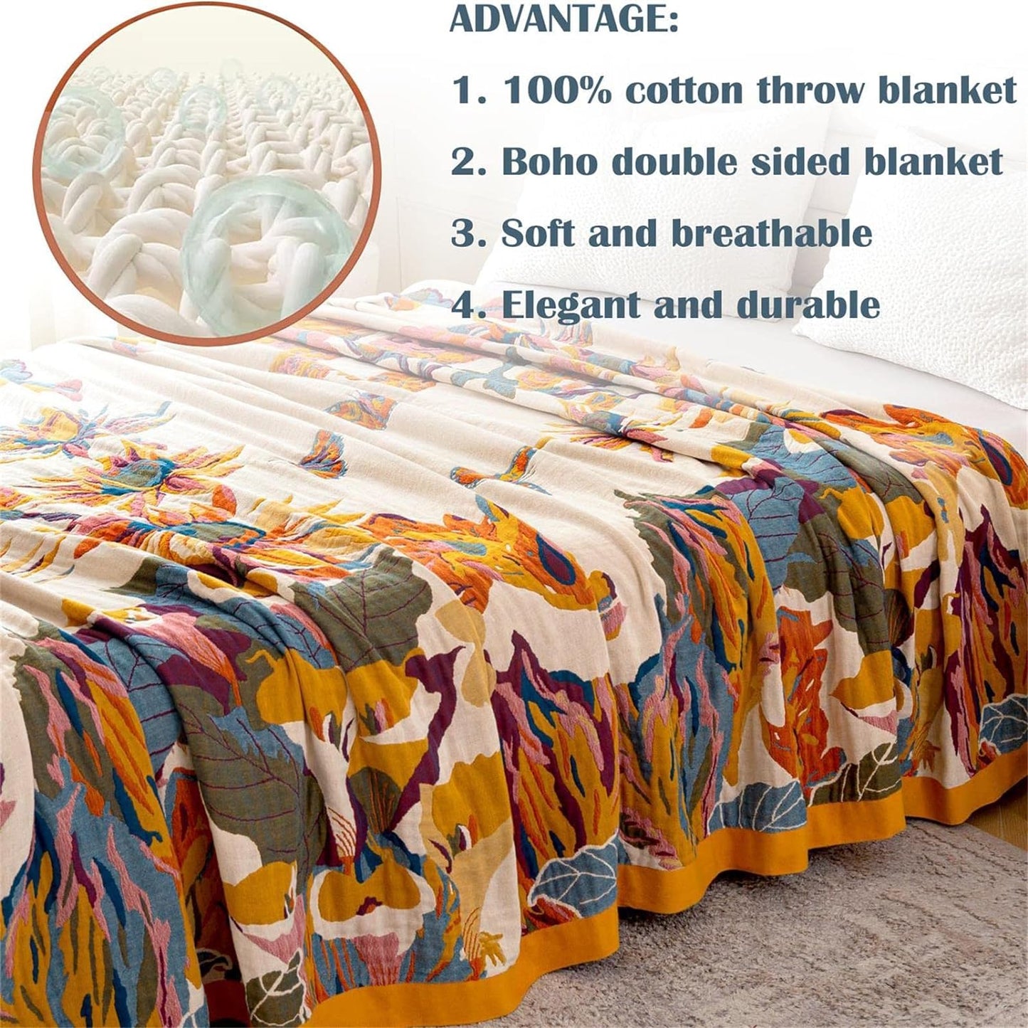 MSGKV Boho Throw Blanket 60''x80'',100% Cotton Blankets for Couch Bed,Cotton Quilt Travel Muslin Blankets Farmhouse Home Decor Soft Lightweight Picnic Blanket