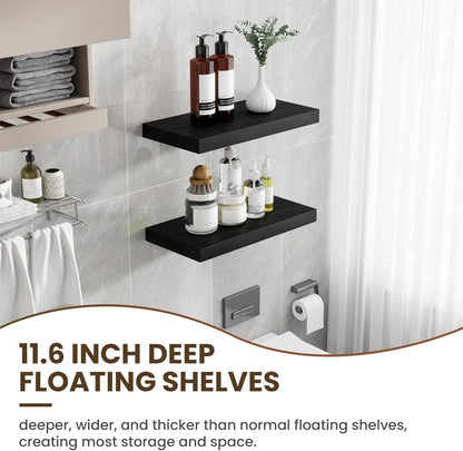 12 Inch Deep Floating Shelves, 24 Inch Long Floating Shelves for Wall, Floating Shelf with Invisible Brackets, Deep Shelves for Bathroom, Bedroom, Living Room, 2 Pack, Black
