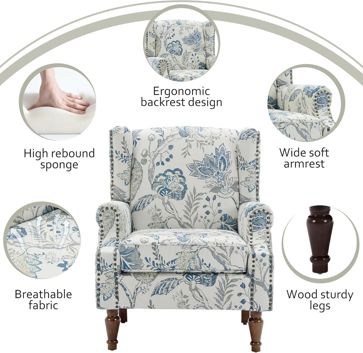 Lumibee Wingback Accent Chair, 2 Set High Back Floral Armchairs in Fabric,Comfy Upholstered Reading Single Sofa Chairs with Solid Wood Legs for Living Room,Bedroom,Office-Plants Blue