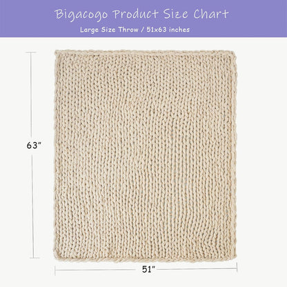 Bigacogo Chunky Knit Throw Blanket for Couch, 51x63 inches, 100% Hand Knitted with Thick Jumbo Chenille Yarn, Cozy Soft Large Rope Knot Cable Crochet Blankets for Sofa Bed Living Room, Beige