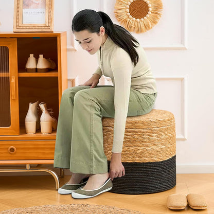 Wimarsbon 18'' Ottoman Pouf, Natural Braided Poof, Rustic Handweave Lounge Pouffe, Boho Footrest Stool for Bedroom, Accent Table for Living Room (Storage - 18inch Cattail+Black Corn Husk L)