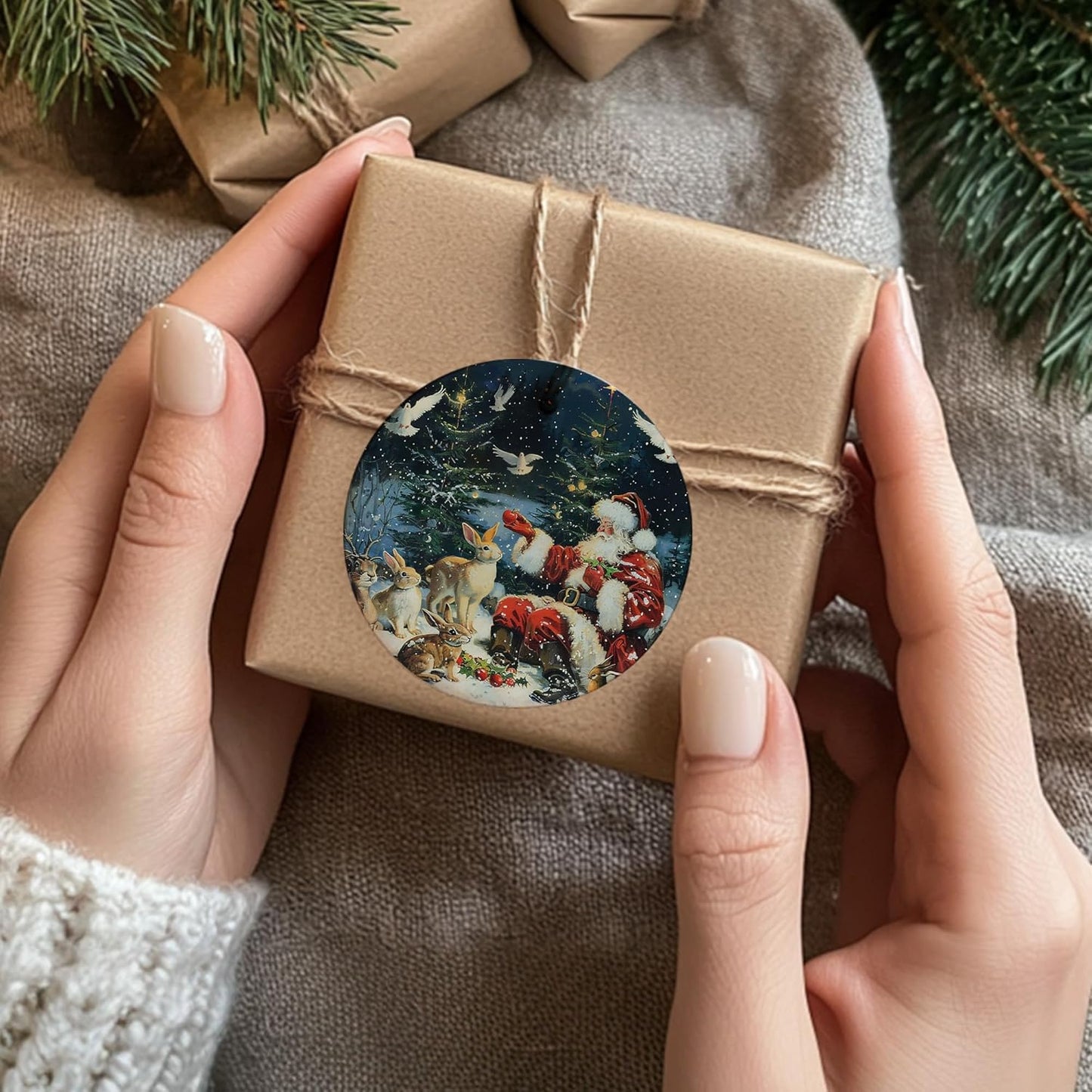 Vintage Christmas Santa Bunny Ceramic Ornament Gifts, Retro Rustic Winter Santa Bunny Decorative Hanging Ornaments for Xmas Tree Holiday Party Decoration, Winter Xmas Tree Decorations