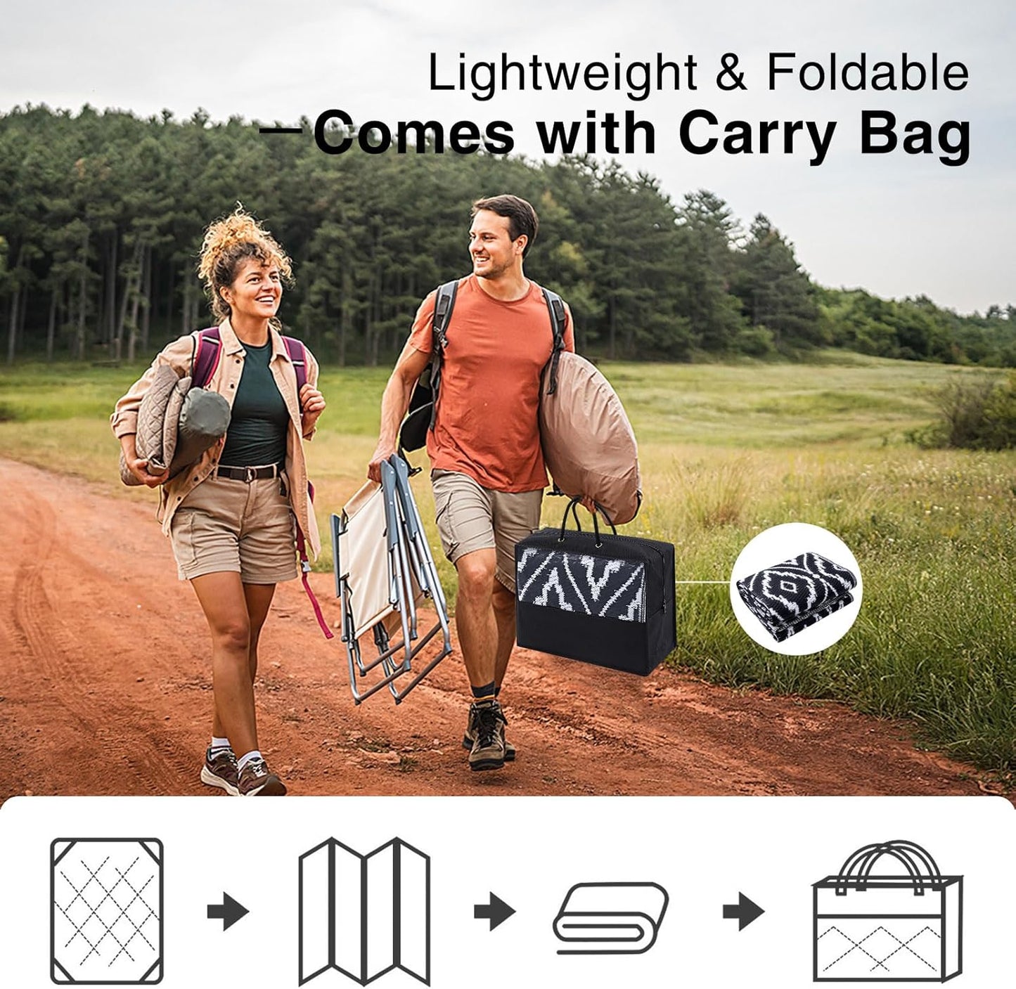 OLANLY Outdoor Rug 5x8 ft Waterproof, Outdoor Plastic Straw Rug with Geometric Pattern Clearance, Reversible RV Mat for Patio, Camping, Balcony, Deck, Backyard, Black & White