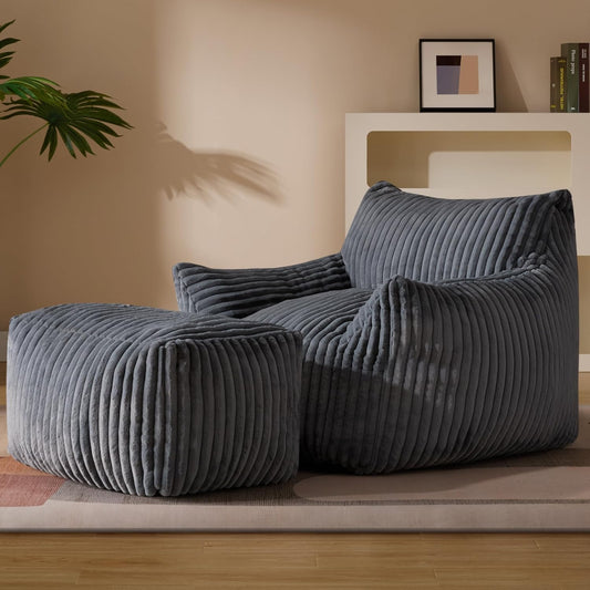 Oversized Bean Bag Chaise Lounge Chair Indoor for Adults with Armrests & Ottoman - Giant Comfy Gray