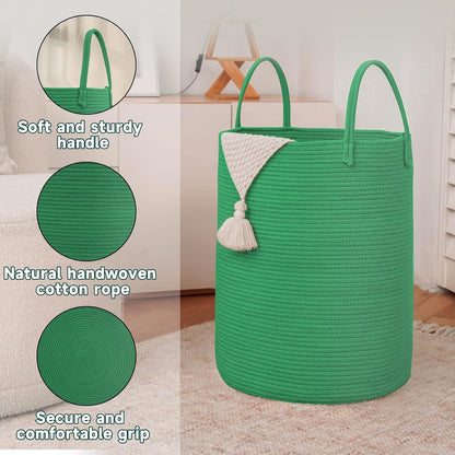 Large Woven Laundry Basket Hamper,60L Cotton Rope Storage Bin for Blankets,Toys and Clothes,Decorative Tall Nursery Hamper for Living Room,Baby Nursery,Bathroom and Bedroom,Dark Green