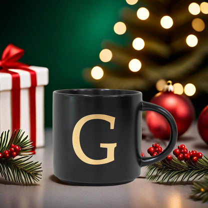 COLLECTIVE HOME - Monogram Ceramic Mugs, 15 oz Golden Initial Black Coffee Cups, Elegant Alphabet Tea Mugs, Elegant Personalized Mug with Gift Box, Unique Mug with Double Side Capital Lette (G)