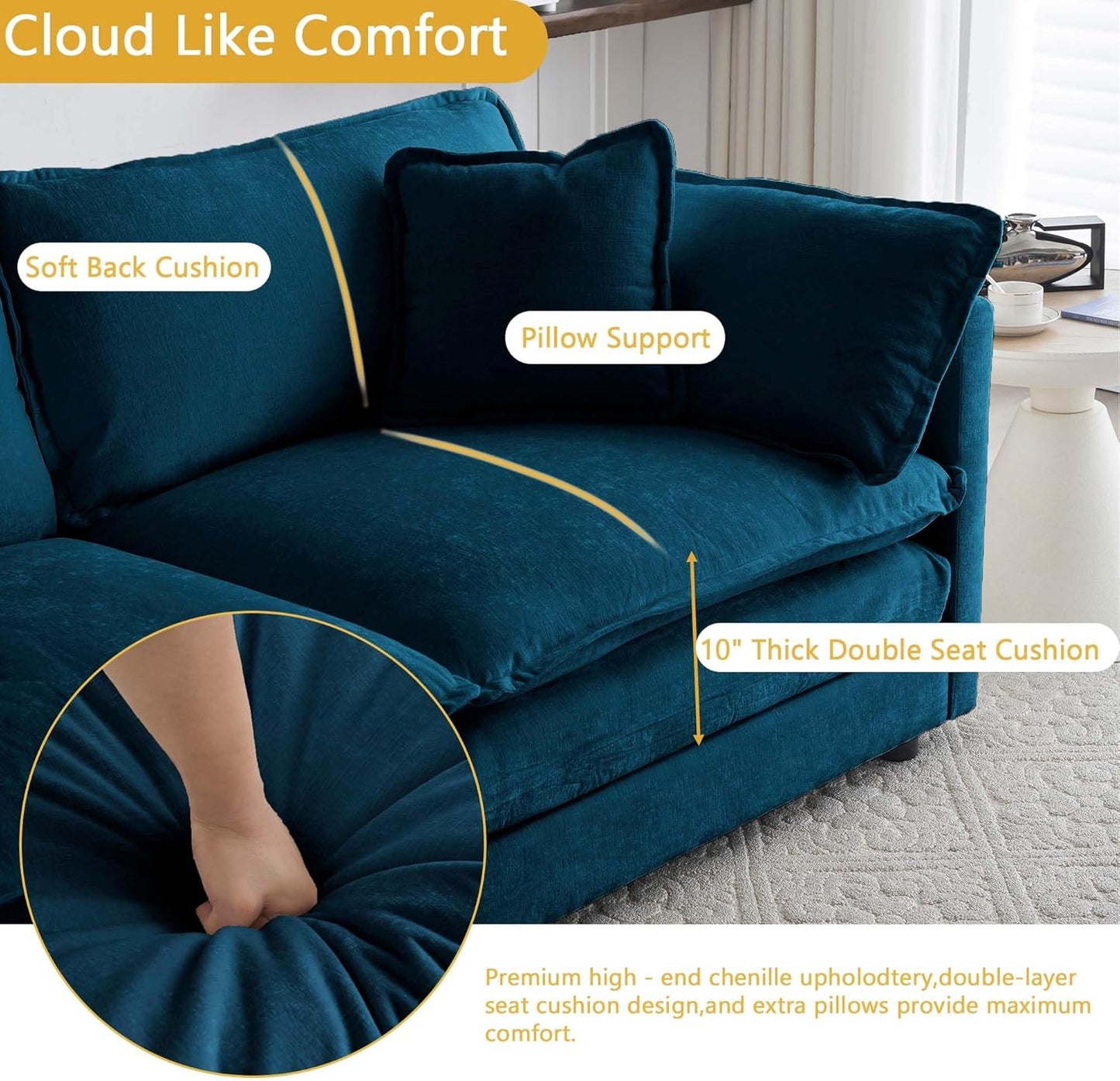Sectional Sofa 3 Seater with Movable 1 Ottoman,Oversized Modular Couch Deep Seat (Blue, 111.5 inch-L)