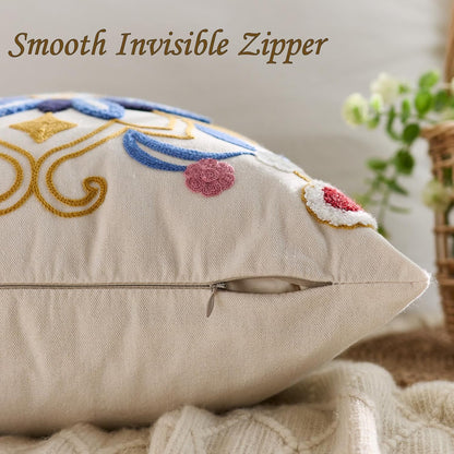 Embroidered Throw Pillow Cover 18x18 Classic Boho Floral Pattern Pillows Cover Outdoor Decorative Pillowcase,Durable Cozy Textured Cushion Case for Sofa Couch Bed Living Room,Blue