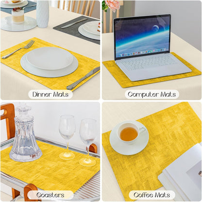 Romanstile Reversible Vinyl Placemats Set of 8, Faux Leather 100% Waterproof Oil-Proof Wipeable Place Mats, Heat Resistant Dual Sided Table Mats for Kitchen/Dining/Party (Grey Yellow, 12 x 17 Inch)