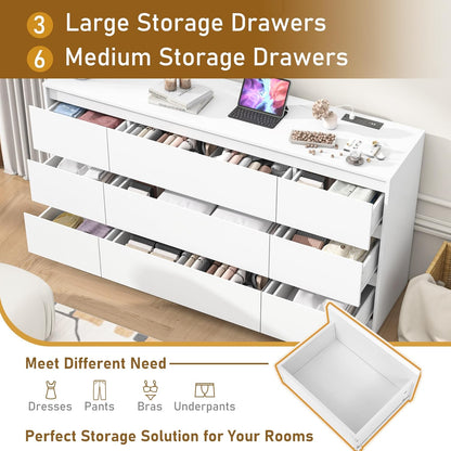 White Malm Dresser for Bedroom, 63 Inch Long 9 Drawers Dresser with Charging Station, Modern Large Wood Chest of Drawers Handle Free for Bedroom, Living Room, Entryway, Hallway, White