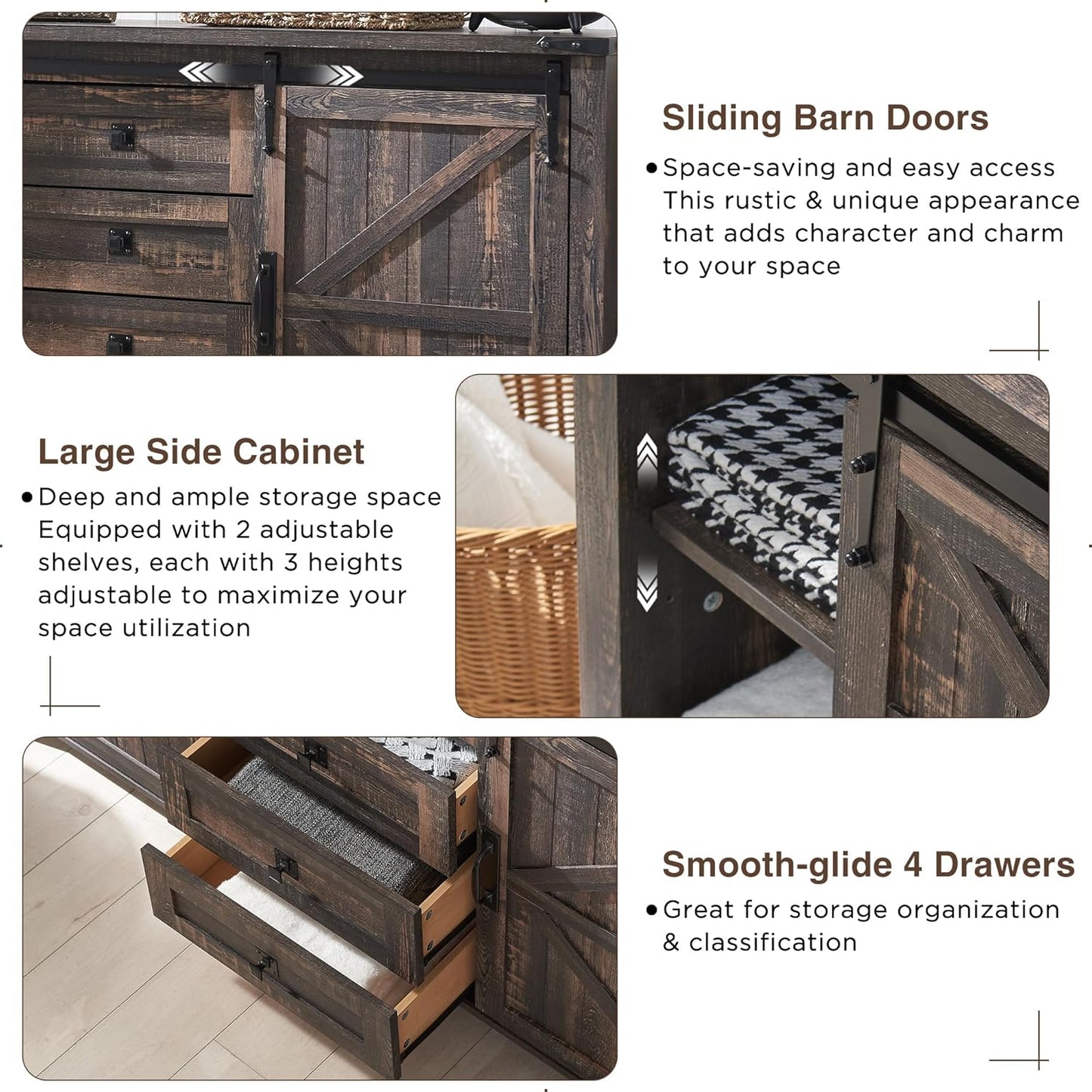 T4TREAM 60'' Farmhouse Dresser Chests for Bedroom w/4 Drawers & Sliding Barn Doors, Wide Dresser TV Stand, Tall Chest of Drawers, Rustic Dresser Organizer for Bedroom, Living Room, Dark Rustic Oak