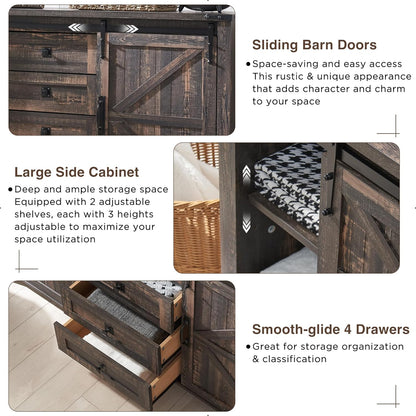 T4TREAM 60'' Farmhouse Dresser Chests for Bedroom w/4 Drawers & Sliding Barn Doors, Wide Dresser TV Stand, Tall Chest of Drawers, Rustic Dresser Organizer for Bedroom, Living Room, Dark Rustic Oak