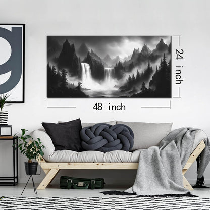 HUBOSKN Waterfall Pictures Wall Decor for Living Room - Mountain Wall Art for Office - Black and White Canvas Wall Art for Bedroom Size 24" x 48"