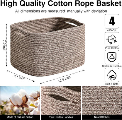 Storage Baskets for Shelves Organizing, Woven Cotton Rope Baskets for Storage, Book Basket, Decorative Shelf Basket, 12.5"Lx9.1''Wx7.9''H (4 Packs) Dark Brown