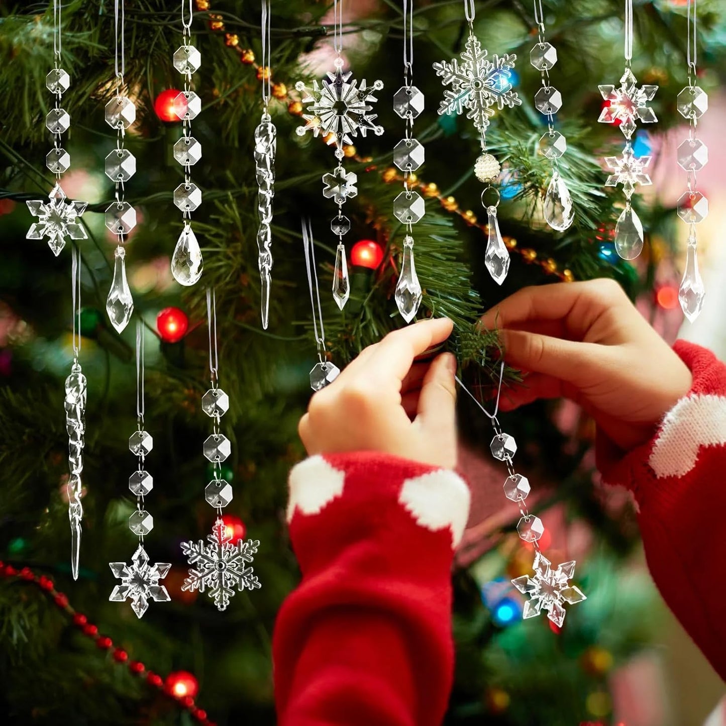 Christmas Tree Decoration Crystal Ornaments - 48pcs Acrylic Christmas Ornaments Snowflake Icicle Drop Crystal Hanging Ornaments for Xmas Tree Winter Holiday Frozen Party Decorations