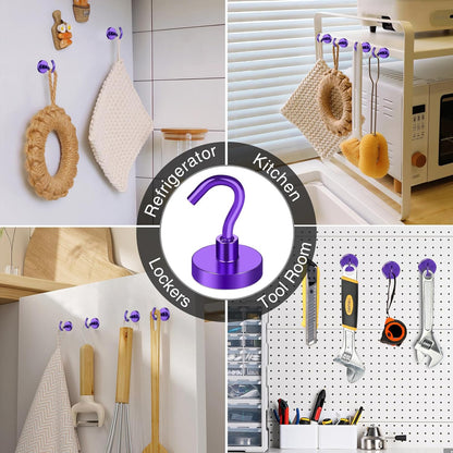 MIKEDE Magnetic Hooks, 40Lbs+ Heavy Duty Magnet Hooks for Cruise Cabins, Super Neodymium Hanging Hooks Strong Magnets with Hook for Fridge, Magnetic Hanger for Grill, Toolbox, Storage(Purple, 10 Pack)