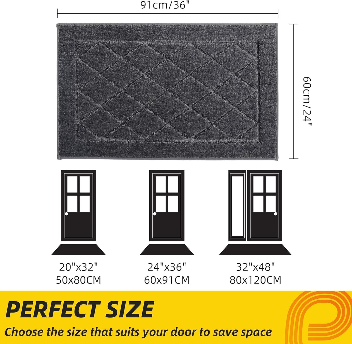 JSEI Dirt Trapper Door Mat 24"x36", Non-Slip Washable Entryway Mats, Dog Door Mat, Stain Resistant and Absorbent Floor Mats, Low Profile Welcome Mat for Front Back Door, Dark Grey
