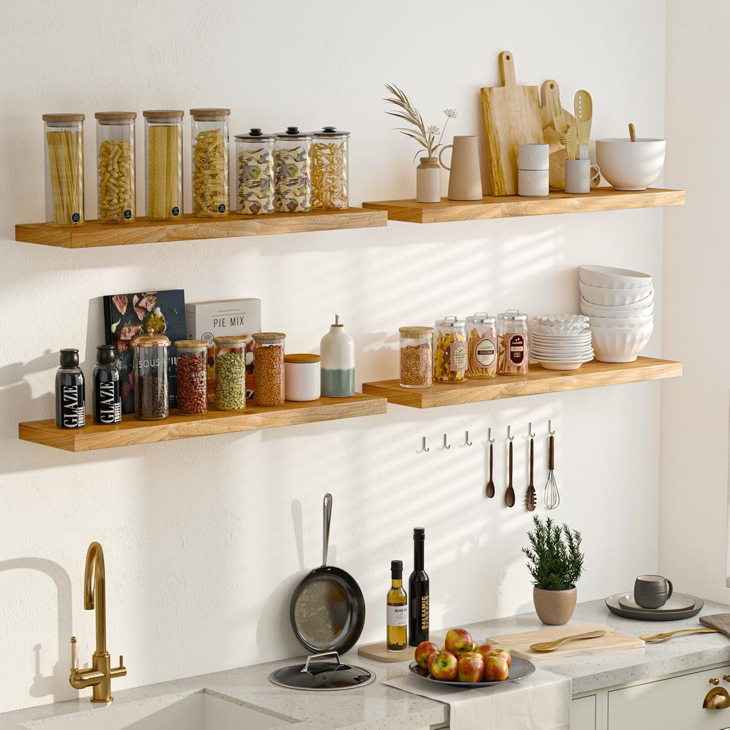 Floating Shelves for Wall, 42" Flat Edge Solid Elm Wood Floating Shelf, Wall-Mounted Display Shelves with Invisible Heavy-Duty Metal Bracket, Floating Shelf for Living Room Kitchen, Natural