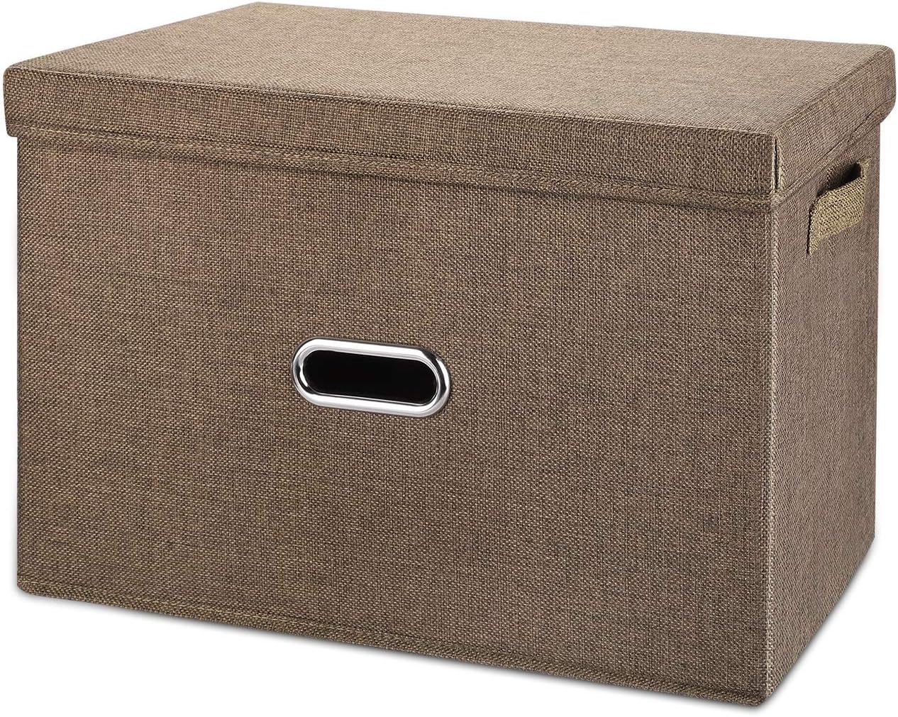 Large Linen Collapsible Storage Bins with Removable Lids and Handles, Washable Storage Box Containers Baskets Cube with Cover for Bedroom,Closet,Office,Living Room,Nursery (Coffee, Large)