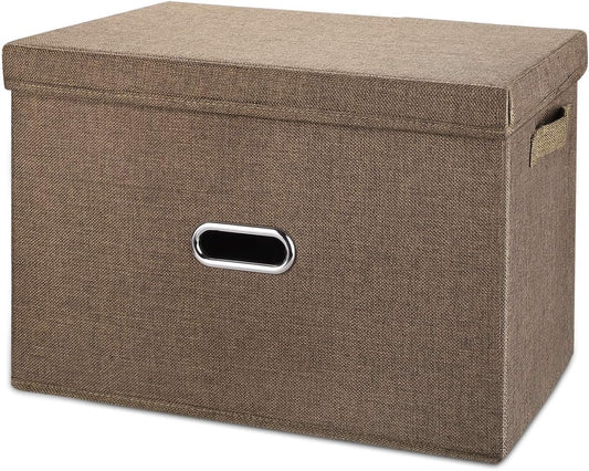 Large Linen Collapsible Storage Bins with Removable Lids and Handles, Washable Storage Box Containers Baskets Cube with Cover for Bedroom,Closet,Office,Living Room,Nursery (Coffee, Large)
