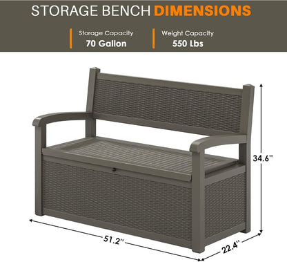 70 Gallon Deck Bench with Storage,Outdoor Storage Box Bench Waterproof&Lockable, Resin Patio Furniture with Armrest for Patio, Porch, Garden,Grey