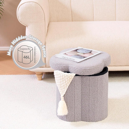 B FSOBEIIALEO Storage Ottoman Cube, Flowers Shaped Ottomans with Storage Foot Stool Footrest, Boucle Ottoman Seat for Dorm Room, Faux Teddy Fur, Grey 15"x15"x15"