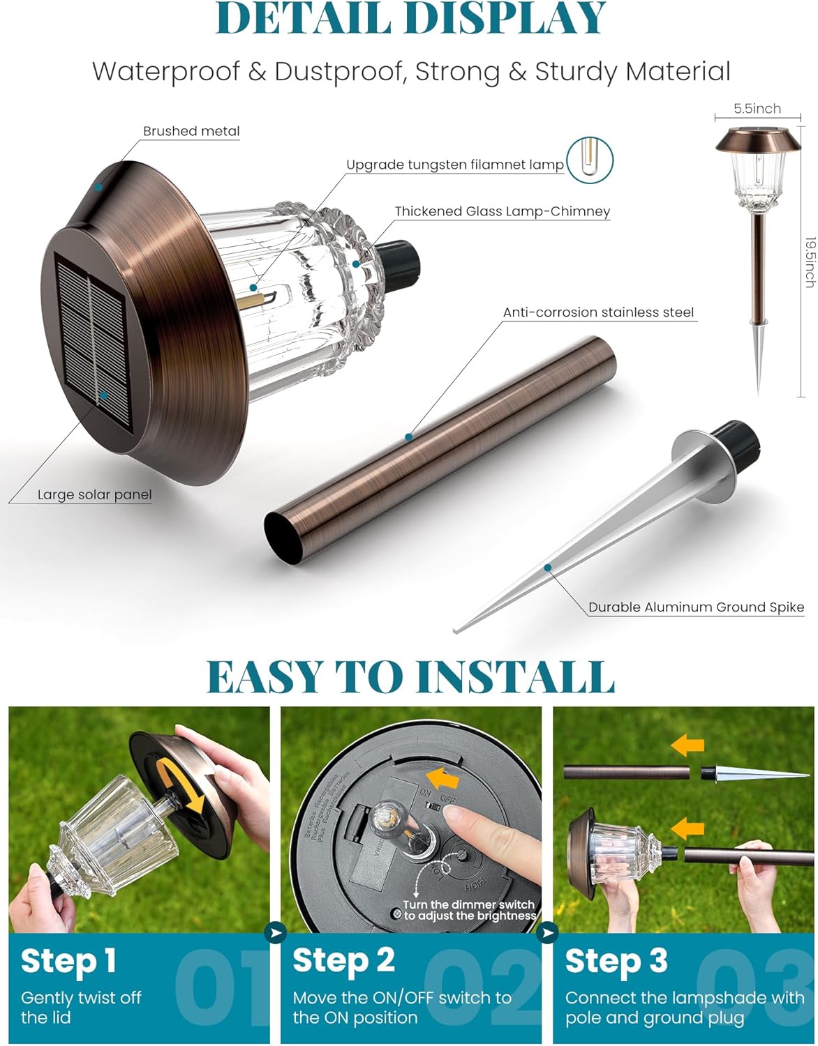 Solar Lights Outdoor Waterproof,4 Pack Bronze Pathway Lights with 10-40 LM Dimmable Glass and Metal, Solar Powered Garden Fall Decor for Yard,Patio,Pathway,Driveway(Warm White)