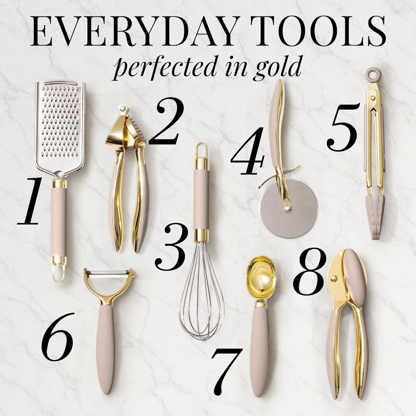 Styled Settings 23-Piece Beige and Gold Utensils Set – Silicone Nonstick Cooking Tools with Garlic Press, Can Opener, Measuring Cups, Utensil Holder – Luxury Kitchen Accessories for Modern Homes