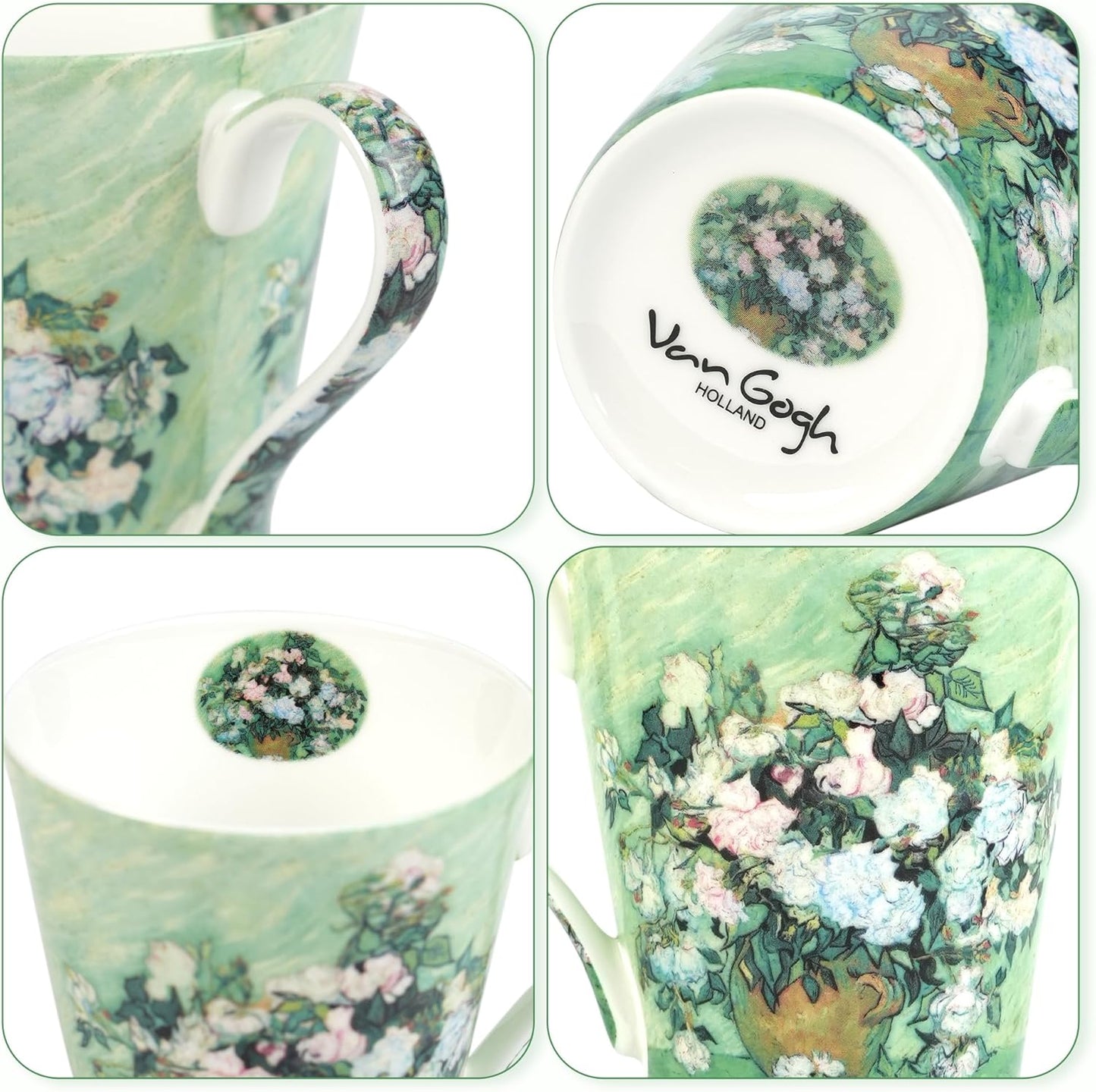 Coffee Mug Sets of 4, 12oz Bone China Porcelain Cups with Art Print Large Handle Dishwasher Microwave safe for Tea Cocoa or Hot Chocolate