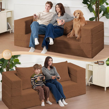 Folding Bean Bag Chair for Adults,3-in-1 Bean Bag Couch Faux Fur Floor Sofa Large Beanbag Convertible Bean Bag Sofa Bed with Pillow in Bedroom,Living Room,Apartment(Queen,Caramel)