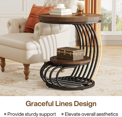 Tribesigns Round End Side Table: 2 Tiers Side Table Set of 2, Vintage End Table for Living Room, Small Bedside Table Accent Table with Arc-Shaped Frame, Light Brown