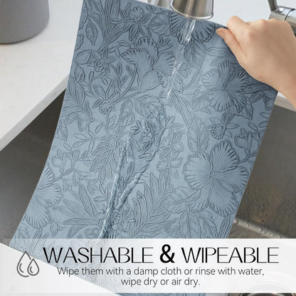 Romanstile Vinyl Placemats Set of 6-12 X 18 Inch - Heat Resistant Non-Slip Embossed Floral Place Mats 100% Waterproof Oilproof Wipeable Faux Leather Table Mats for Kitchen/Dining/Party, SkyBlue