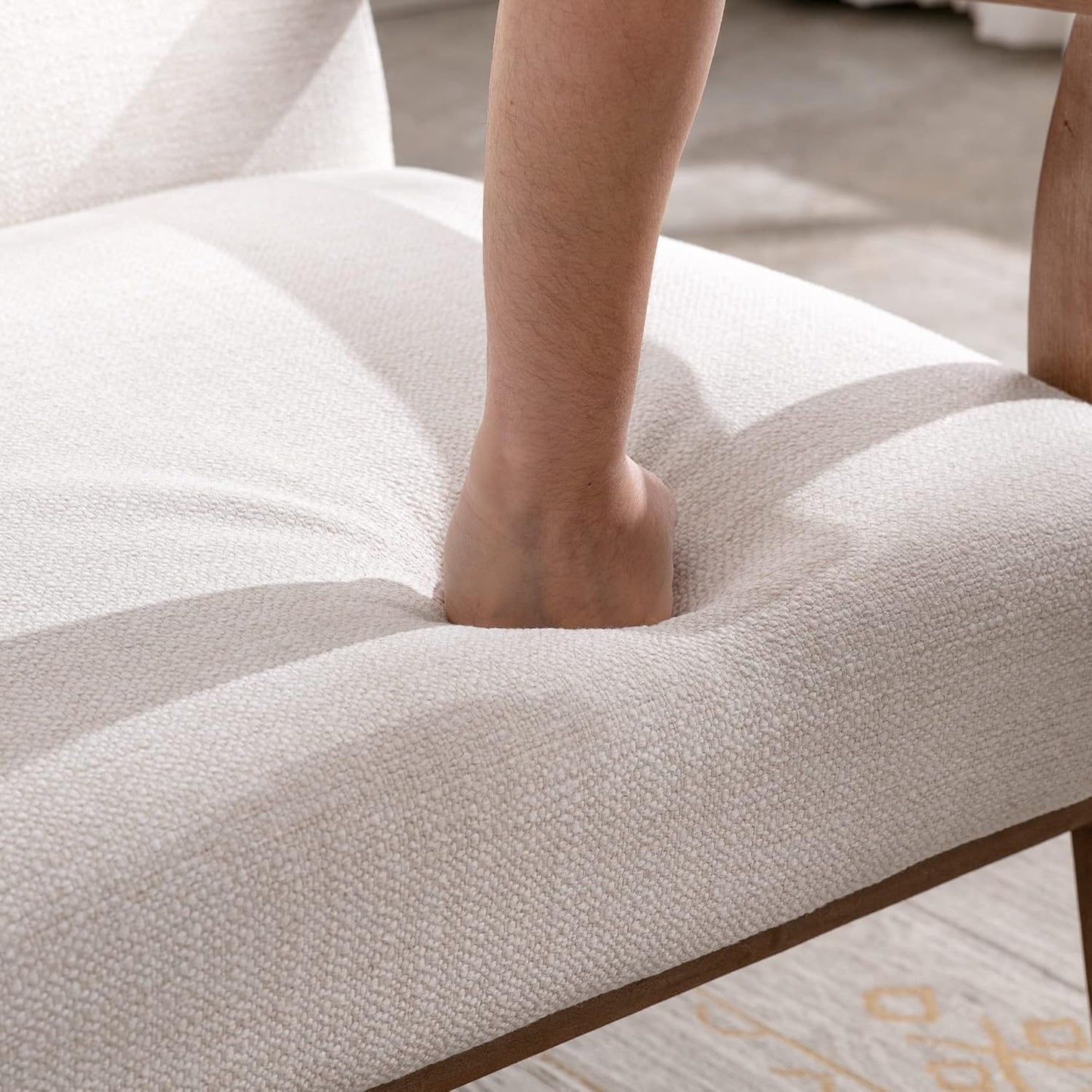 Mid Century Modern Accent Chair Set of 2, Linen Upholstered Living Room Accent Armchair with Wood Frame, Farmhouse Chair for Living Room Bedroom, Ivory