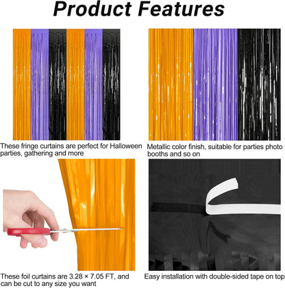 12 Pack Halloween Decor, 3.28 FT x 7.05 FT Orange Purple Black Fringe Curtains, Funny Wall Backdrop Photo Booth Backdrop Party Streamer, Halloween Foil Decorations Photo Booth Props