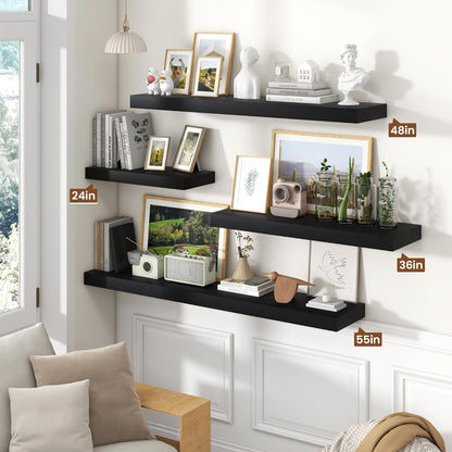 Heimlove 48" Black Floating Shelves for Wall,10 Deep Rustic Wood Display & Storage Wall Shelves with Heavy Duty Brackets for Bathroom,Bedroom,Kitchen,Living Room,Office