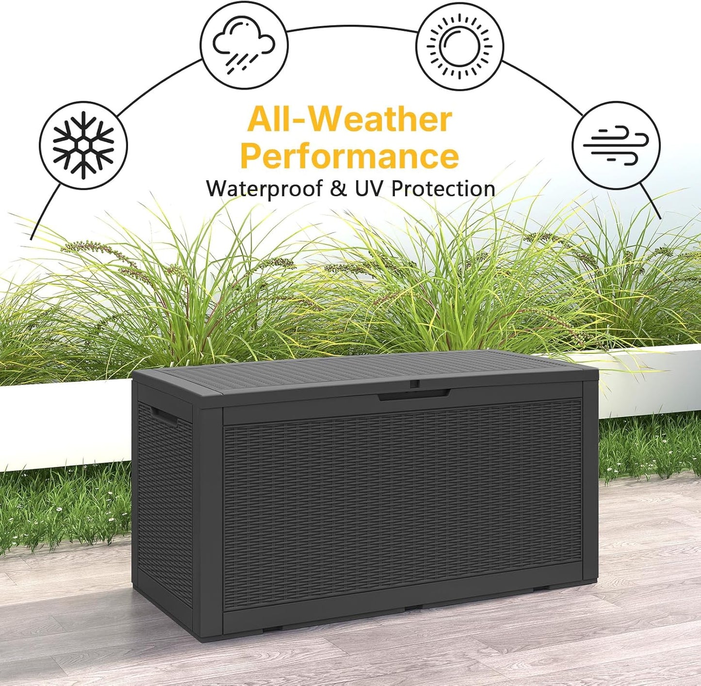 100 Gallon Deck Box Outdoor Waterproof, Rattan Outdoor Storage Box, Patio Storage Boxes for Cushions, Pillow, Garden Tools, Equipment