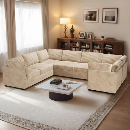 HOOOWOOO Modular Sectional Sofa,7 Pieces Sectional Couches for Living Room,131X98 U Shaped Cloud Couch Set(Beige Velvet Corduroy)