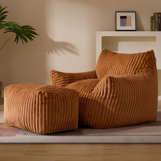 Oversized Bean Bag Chaise Lounge Chair Indoor for Adults with Armrests & Ottoman - Giant Comfy